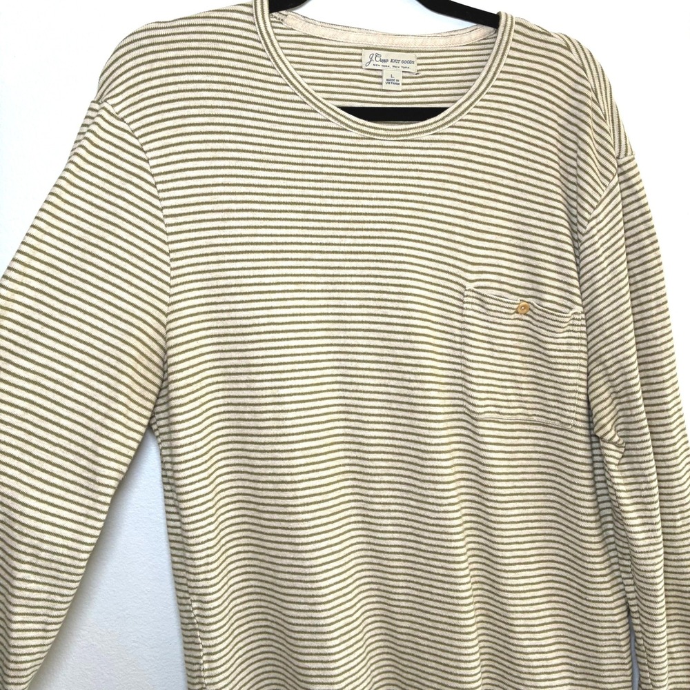 J Crew Knit Long Sleeve Pocket Shirt Heritage Striped Olive Green Preppy Large